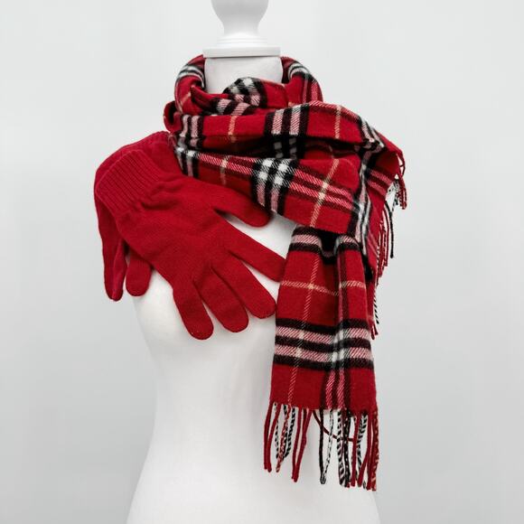 Burberry Scarf Cashmere Wool Red Check Plaid Winter Authentic Shawl Gloves Box - Picture 5 of 12